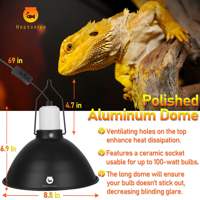 NEPTONION Reptile Reflector Dome Lamp Fixture, Deep Polished aluminum UVB Light Fixture for Reptile Glass Terrariums fit UVB UVA Bulb, Basking Heat Bulb, Ceramic Heat Emitter