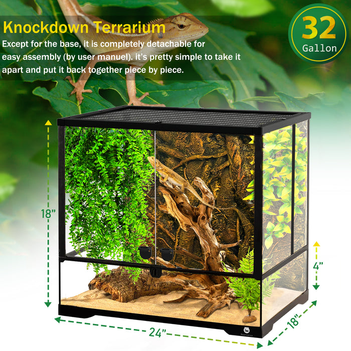 32 Gallon Professional Glass Terrarium 24"x18"x18" Durable Reptile Habitat Tank with Heat Resistant Aluminum Alloy Frame, Dual Front Swinging Doors for no Jam by Sand and Other Debris