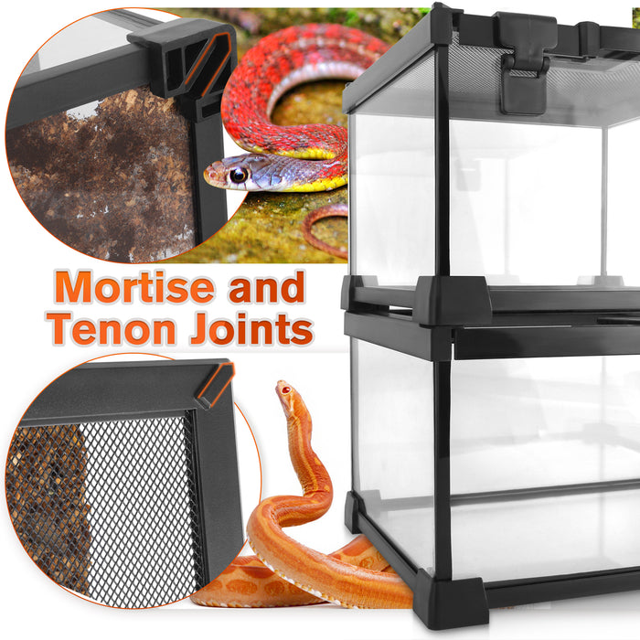 Mini Reptile Glass Terrarium Vivarium 12'' x 8'' x 6'' Full View Tank Small Amphibians Glass Habitat Cage with Feeding Slot & Box Lock Buckle