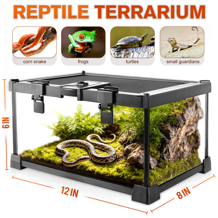 Mini Reptile Glass Terrarium Vivarium 12'' x 8'' x 6'' Full View Tank Small Amphibians Glass Habitat Cage with Feeding Slot & Box Lock Buckle