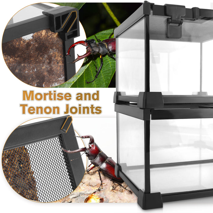 Mini Reptile Glass Terrarium Vivarium 8'' x 8'' x 6'' Full View Tank Small Amphibians Glass Habitat Cage with Feeding Slot & Box Lock Buckle