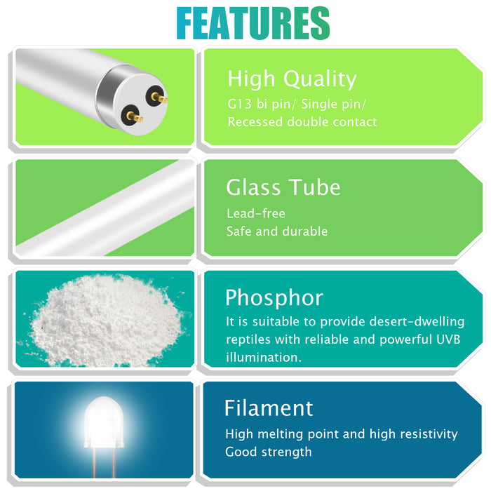 NEPTONION T8 Terrarium Fluorescent Lamp Tube 18" Full Spectrum UVB Bulb, Dual-Threat UVA/UVB  Reptile Light for Reptiles and Amphibian, 15 Watt, 110V
