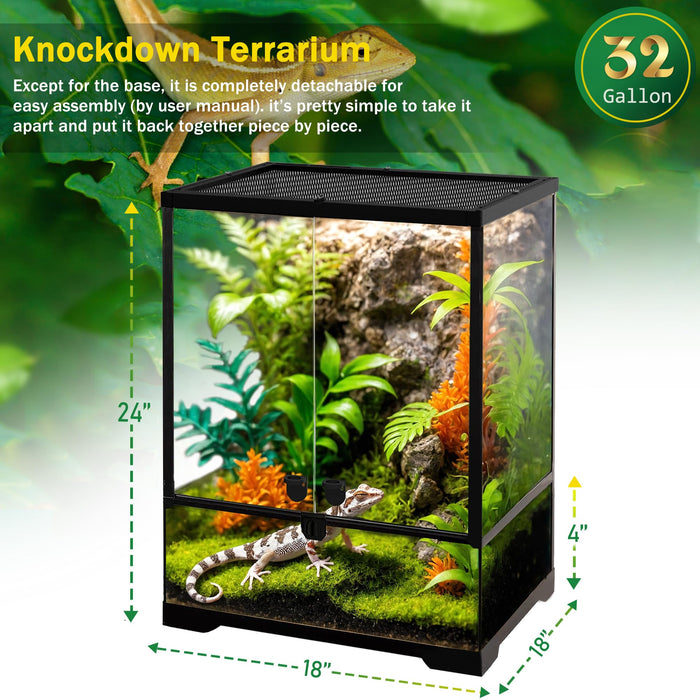 32 Gallon Professional Glass Terrarium 18"x18"x24" Durable Reptile Habitat Tank with Heat Resistant Aluminum Alloy Frame, Dual Front Swinging Doors for no Jam by Sand and Other Debris